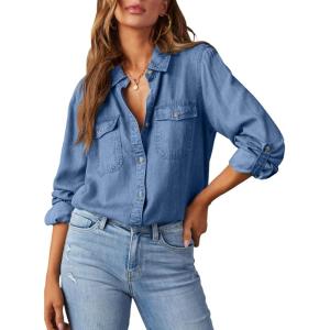 image:imageAstylish Women Button Down Denim Shirts Casual Long Sleeve V Neck Chambray Blouse TopSky Blue