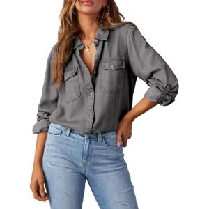 image:imageAstylish Women Button Down Denim Shirts Casual Long Sleeve V Neck Chambray Blouse TopT Gray