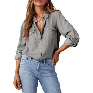 image:imageAstylish Women Button Down Denim Shirts Casual Long Sleeve V Neck Chambray Blouse TopT Light Grey