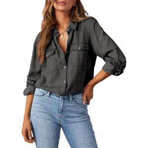 image:imageAstylish Women Button Down Denim Shirts Casual Long Sleeve V Neck Chambray Blouse TopZ Medium Grey