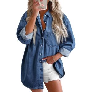 image:imageAstylish Women Denim Shirts Button Down Blouse V Neck Casual TopsAshleigh Blue