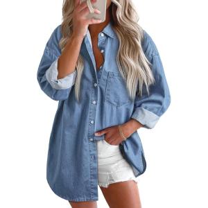 image:imageAstylish Women Denim Shirts Button Down Blouse V Neck Casual TopsBeau Blue