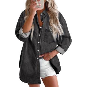 image:imageAstylish Women Denim Shirts Button Down Blouse V Neck Casual TopsDark Grey