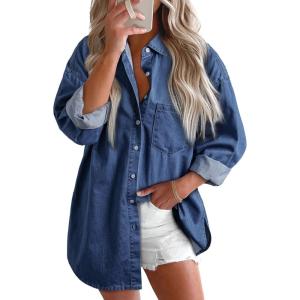 image:imageAstylish Women Denim Shirts Button Down Blouse V Neck Casual TopsNavy Blue