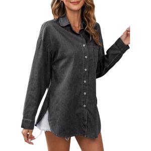 image:imageAstylish Women Lightweight Long Sleeve Button Down V Neck Denim Shaket Shirts Loose Blouse TopDark Grey