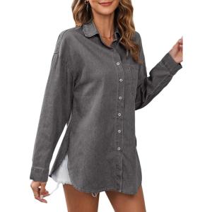 image:imageAstylish Women Lightweight Long Sleeve Button Down V Neck Denim Shaket Shirts Loose Blouse TopLight Grey