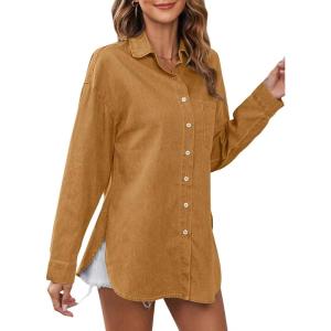 image:imageAstylish Women Lightweight Long Sleeve Button Down V Neck Denim Shaket Shirts Loose Blouse TopT Clay
