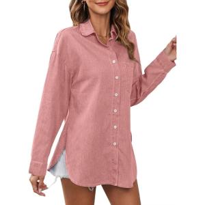 image:imageAstylish Women Lightweight Long Sleeve Button Down V Neck Denim Shaket Shirts Loose Blouse TopT Peach Blossom