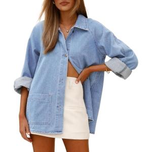 image:imageAstylish Womens Denim Shirt Long Sleeve Button Down Jean Shacket Top with PocketsAshleigh Blue
