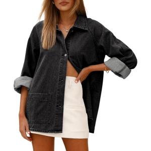 image:imageAstylish Womens Denim Shirt Long Sleeve Button Down Jean Shacket Top with PocketsBlack