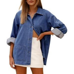 image:imageAstylish Womens Denim Shirt Long Sleeve Button Down Jean Shacket Top with PocketsSky Blue