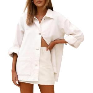 image:imageAstylish Womens Denim Shirt Long Sleeve Button Down Jean Shacket Top with PocketsWhite