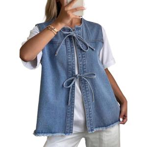 image:imageAstylish Womens Distressed Denim Vest Cute Bow Tie Henley Chambray Jeans Casual Sleeveless Trendy Jean Top ShirtsBeau Blue