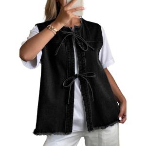 image:imageAstylish Womens Distressed Denim Vest Cute Bow Tie Henley Chambray Jeans Casual Sleeveless Trendy Jean Top ShirtsBlack