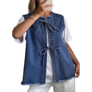 image:imageAstylish Womens Distressed Denim Vest Cute Bow Tie Henley Chambray Jeans Casual Sleeveless Trendy Jean Top ShirtsBluing