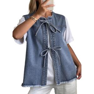 image:imageAstylish Womens Distressed Denim Vest Cute Bow Tie Henley Chambray Jeans Casual Sleeveless Trendy Jean Top ShirtsLight Blue