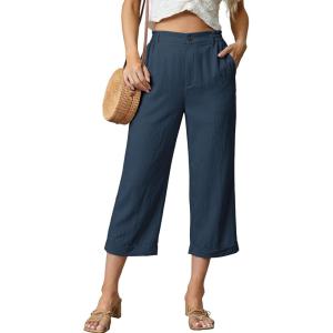 image:imageAstylish Womens 2026 Linen Cropped Pants Elastic Waist Wide Leg Summer Beach CaprisNavy Blue