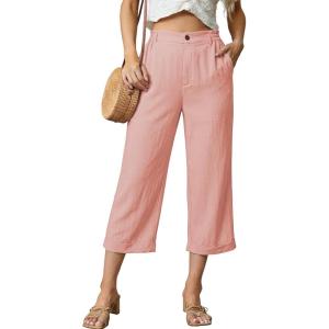 image:imageAstylish Womens 2026 Linen Cropped Pants Elastic Waist Wide Leg Summer Beach CaprisPink