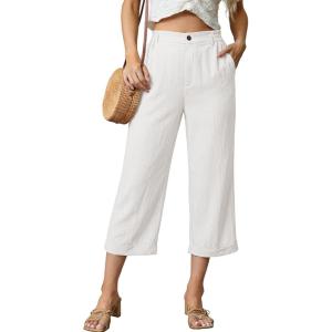 image:imageAstylish Womens 2026 Linen Cropped Pants Elastic Waist Wide Leg Summer Beach CaprisWhite