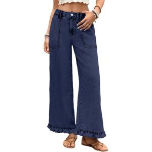 image:imageAstylish Wide Leg Jeans for Women Stretch High Wasited Baggy Trendy Denim Jean Ruffle Hem PantsDirty Blue