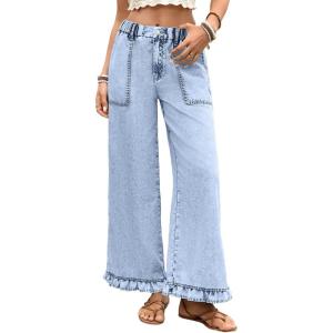 image:imageAstylish Wide Leg Jeans for Women Stretch High Wasited Baggy Trendy Denim Jean Ruffle Hem PantsLight Blue