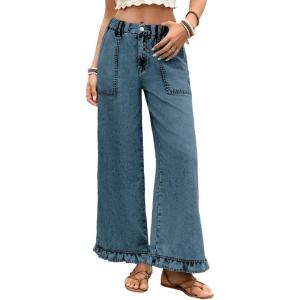 image:imageAstylish Wide Leg Jeans for Women Stretch High Wasited Baggy Trendy Denim Jean Ruffle Hem PantsReal Teal