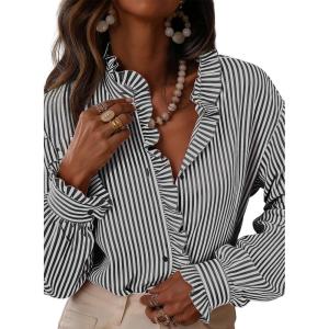 image:imageAstylish Womens Plaid Ruffle V Neck Button Down Blouse Casual Long Sleeve Gingham Trendy Tops Work Checkered ShirtBlack Stripe