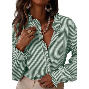 image:imageAstylish Womens Plaid Ruffle V Neck Button Down Blouse Casual Long Sleeve Gingham Trendy Tops Work Checkered ShirtGreen Stripe