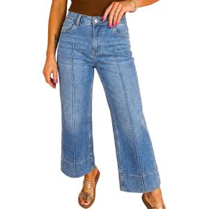 image:imageAstylish Womens 2026 Stretchy Breathable Wide Leg High Waisted Jeans Casual Cropped Ankle Denim Pants with Vertical SeamsY Iceland Blue