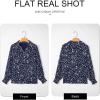 image:imageAstylish Womens Fashion Smocked Raglan Sleeves V Neck Collared Tops Chiffon Alicia Flower Print Blouses Spring Dressy Shirts Work Business Boho Tunic Dark Blue XLarge