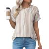 image:imageAstylish Womens Striped Henley Neck Linen Shirt Casual Button Down Cap Sleeve Blouse TopsBrown