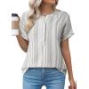 image:imageAstylish Womens Striped Henley Neck Linen Shirt Casual Button Down Cap Sleeve Blouse TopsGray