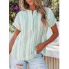 image:imageAstylish Womens Striped Henley Neck Linen Shirt Casual Button Down Cap Sleeve Blouse TopsGreen