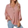 image:imageAstylish Womens Casual Blouses Button Down Business Batwing Tops Long Sleeve V Neck Ribbed Shirts 2025 Fall OutfitP Fushia