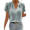 image:imageAstylish Womens Dressy Notched V Neck Tops Business Work Cap Sleeve Chiffon Blouse ShirtsMist Blue