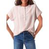 image:imageAstylish Womens Striped Henley Neck Linen Shirt Casual Button Down Cap Sleeve Blouse TopsFiery Red