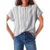 image:imageAstylish Womens Striped Henley Neck Linen Shirt Casual Button Down Cap Sleeve Blouse TopsWhite Stripe