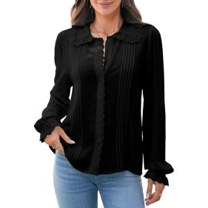 image:imageAstylish Women Casual Spring Summer Tops Ruffle Collar Button Down Shirts Long Sleeve Pleated Business BlousesBlack