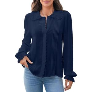 image:imageAstylish Women Casual Spring Summer Tops Ruffle Collar Button Down Shirts Long Sleeve Pleated Business BlousesNavy Blue