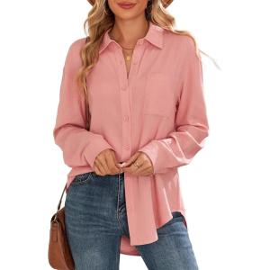 image:imageAstylish Women Long Sleeve Loose Fit Tops Cotton Linen Button Down Shirts Collared Roll Up V Neck BlousesLight Pink