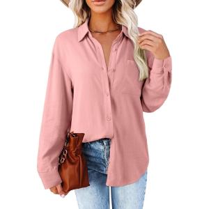 image:imageAstylish Women Loose Fit Tops Cotton Linen Button Down Shirts Collared Roll Up V Neck Long Sleeve BlousesLight Pink