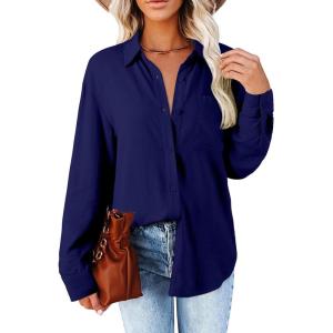 image:imageAstylish Women Loose Fit Tops Cotton Linen Button Down Shirts Collared Roll Up V Neck Long Sleeve BlousesNavy Blue