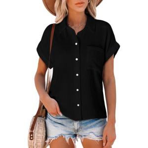 image:imageAstylish Women Summer Tops Cotton Short Sleeve Shirt V Neck Button Down Blouse Tunic TopsBlack