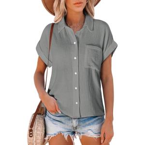 image:imageAstylish Women Summer Tops Cotton Short Sleeve Shirt V Neck Button Down Blouse Tunic TopsLight Grey