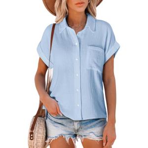 image:imageAstylish Women Summer Tops Cotton Short Sleeve Shirt V Neck Button Down Blouse Tunic TopsMist Blue