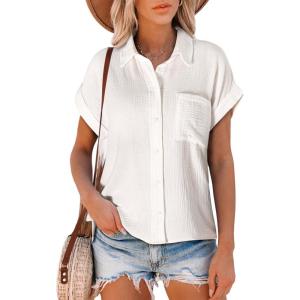 image:imageAstylish Women Summer Tops Cotton Short Sleeve Shirt V Neck Button Down Blouse Tunic TopsWhite