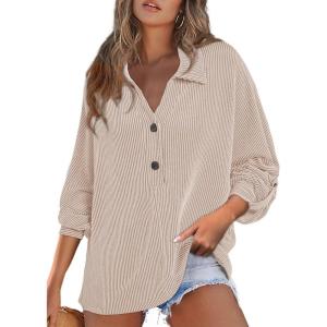 image:imageAstylish Womens Casual Blouses Button Down Business Batwing Tops Long Sleeve V Neck Ribbed Shirts 2025 Fall OutfitApricot