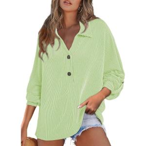 image:imageAstylish Womens Casual Blouses Button Down Business Batwing Tops Long Sleeve V Neck Ribbed Shirts 2025 Fall OutfitClearly Aqua