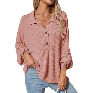 image:imageAstylish Womens Casual Blouses Button Down Business Batwing Tops Long Sleeve V Neck Ribbed Shirts 2025 Fall OutfitP Fushia