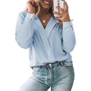 image:imageAstylish Womens Dressy Casual Blouse Long Sleeve Trendy Pullover Tops Placket V Neck Business Work ShirtBeau Blue
